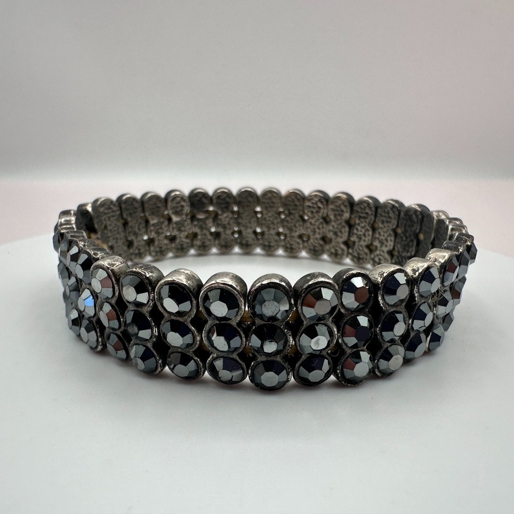 Vintage 90s Silver Tone Hematite Triple Row Rhinestone Bracelet Women's Jewelry